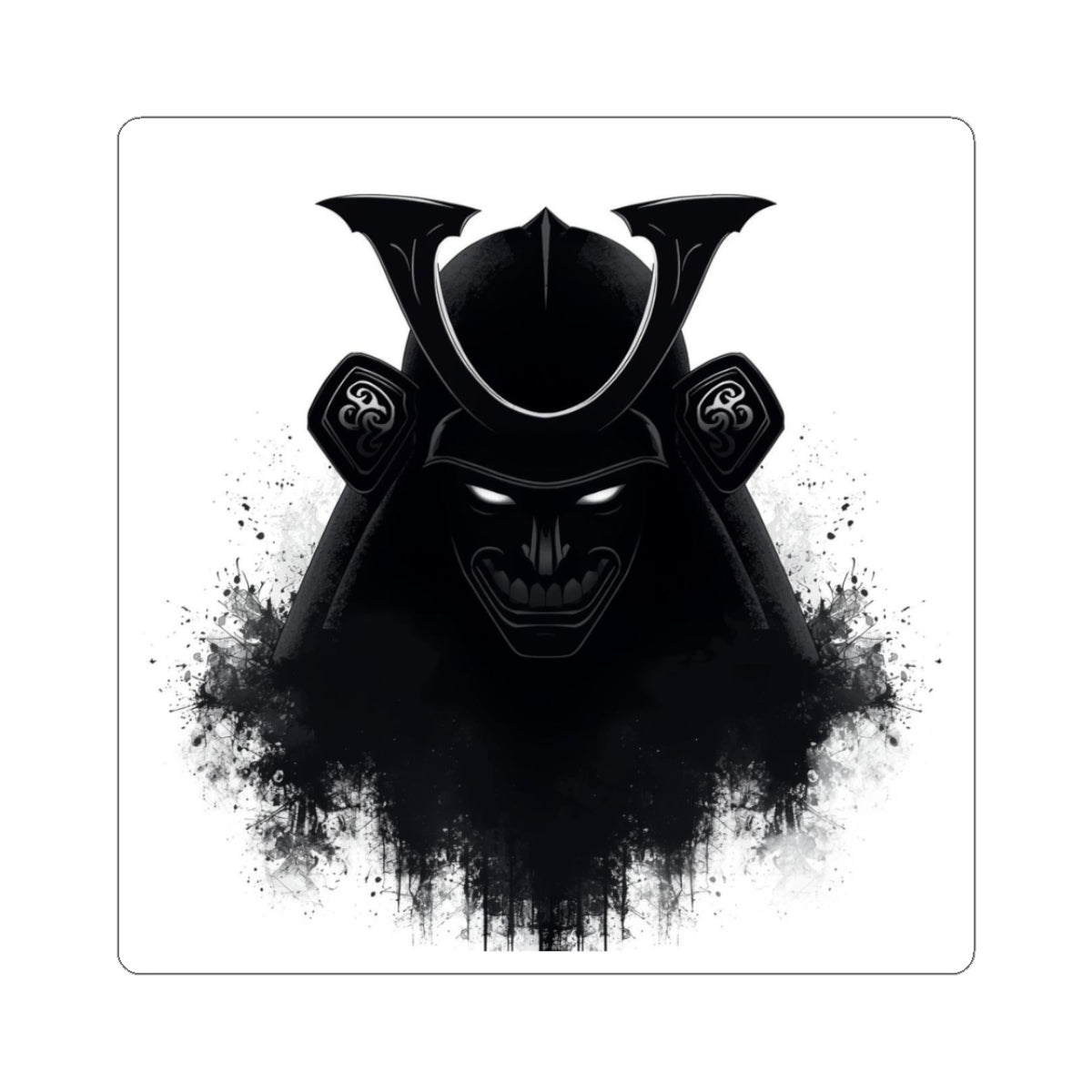 Samurai Mask Kiss-Cut Sticker — Dark Ink Sumi-E Helmet Design