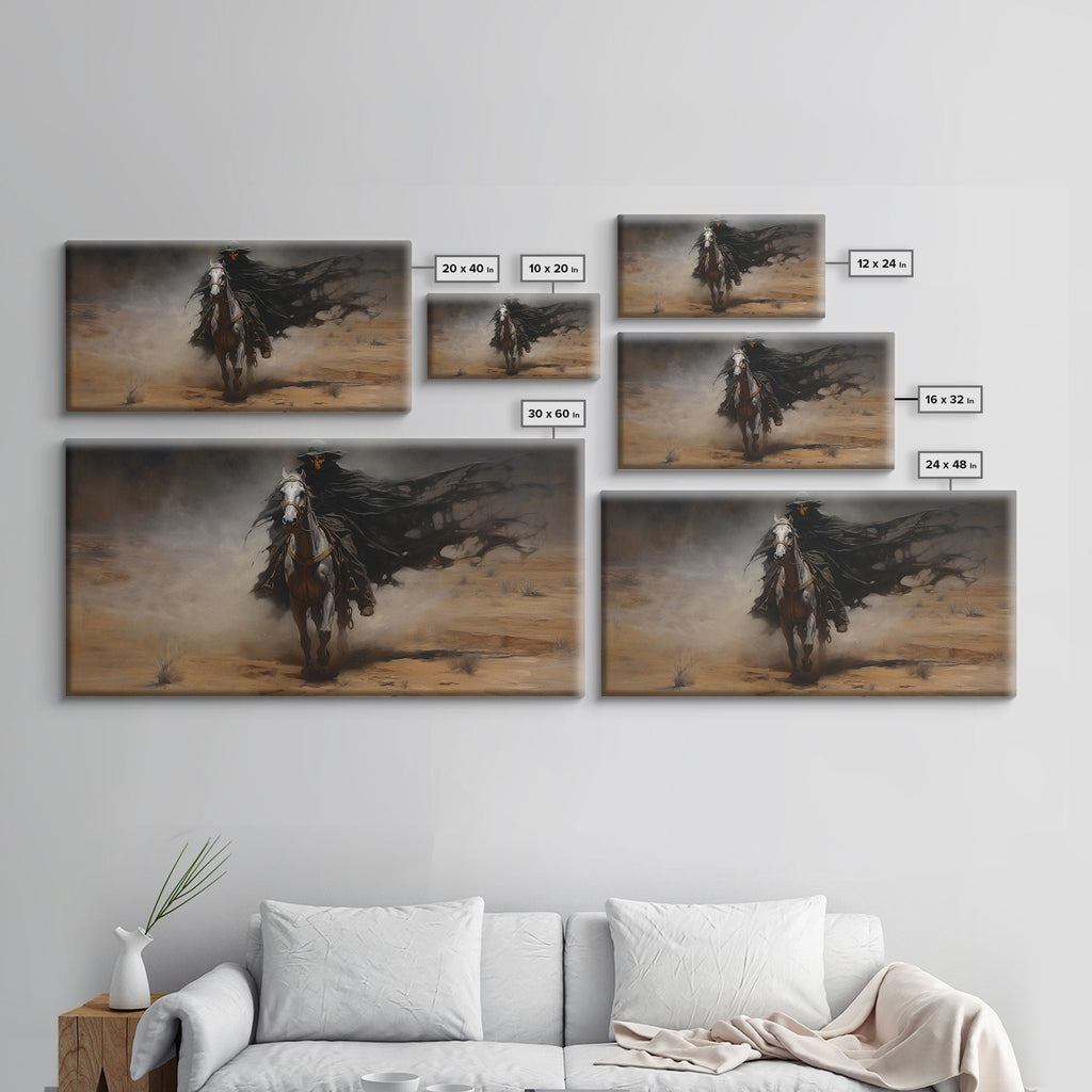 Death Rides A Pale Horse, Framed Canvas Print, Cowboy Grim Reaper, Spooky Halloween Art Print