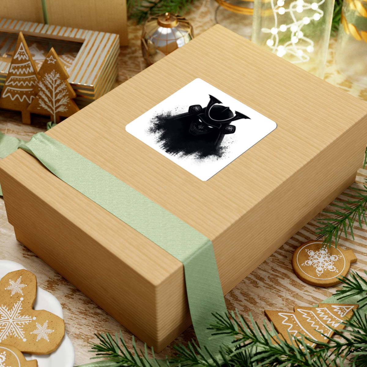 Samurai Mask Kiss-Cut Sticker — Dark Ink Sumi-E Helmet Design