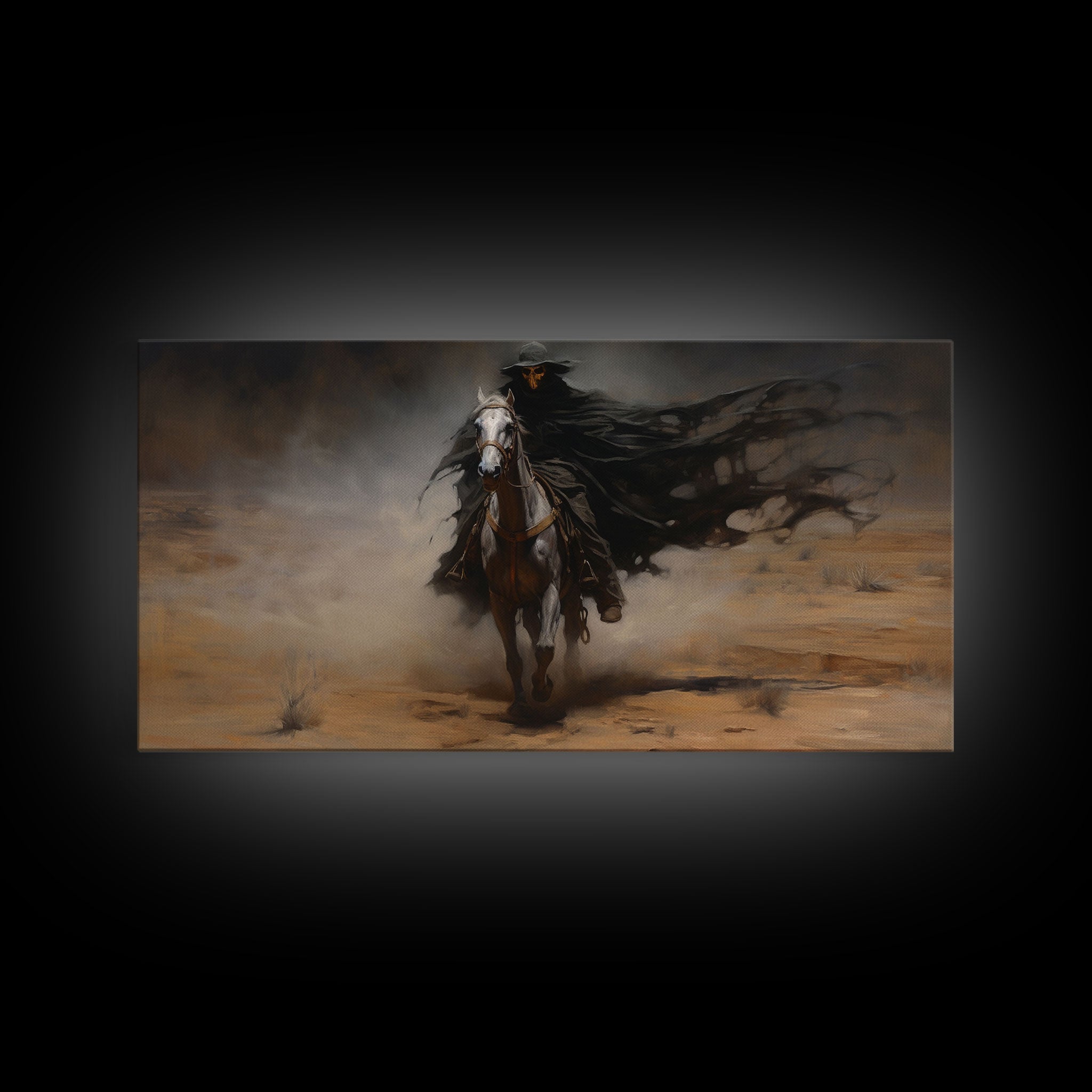 Death Rides A Pale Horse, Framed Canvas Print, Cowboy Grim Reaper, Spooky Halloween Art Print
