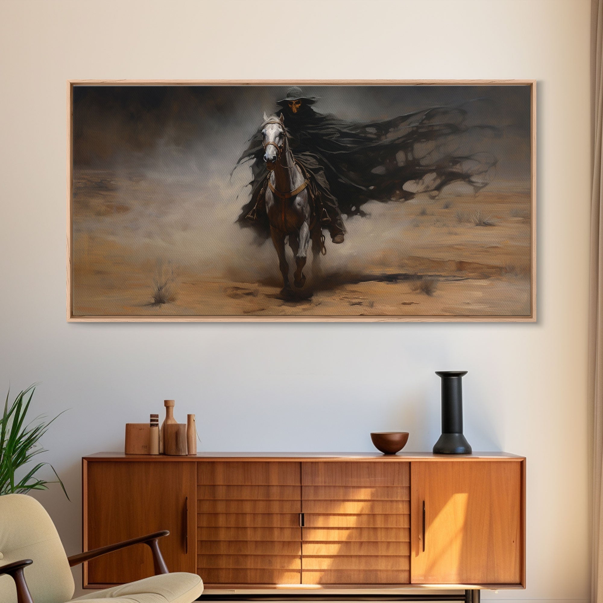 Death Rides A Pale Horse, Framed Canvas Print, Cowboy Grim Reaper, Spooky Halloween Art Print