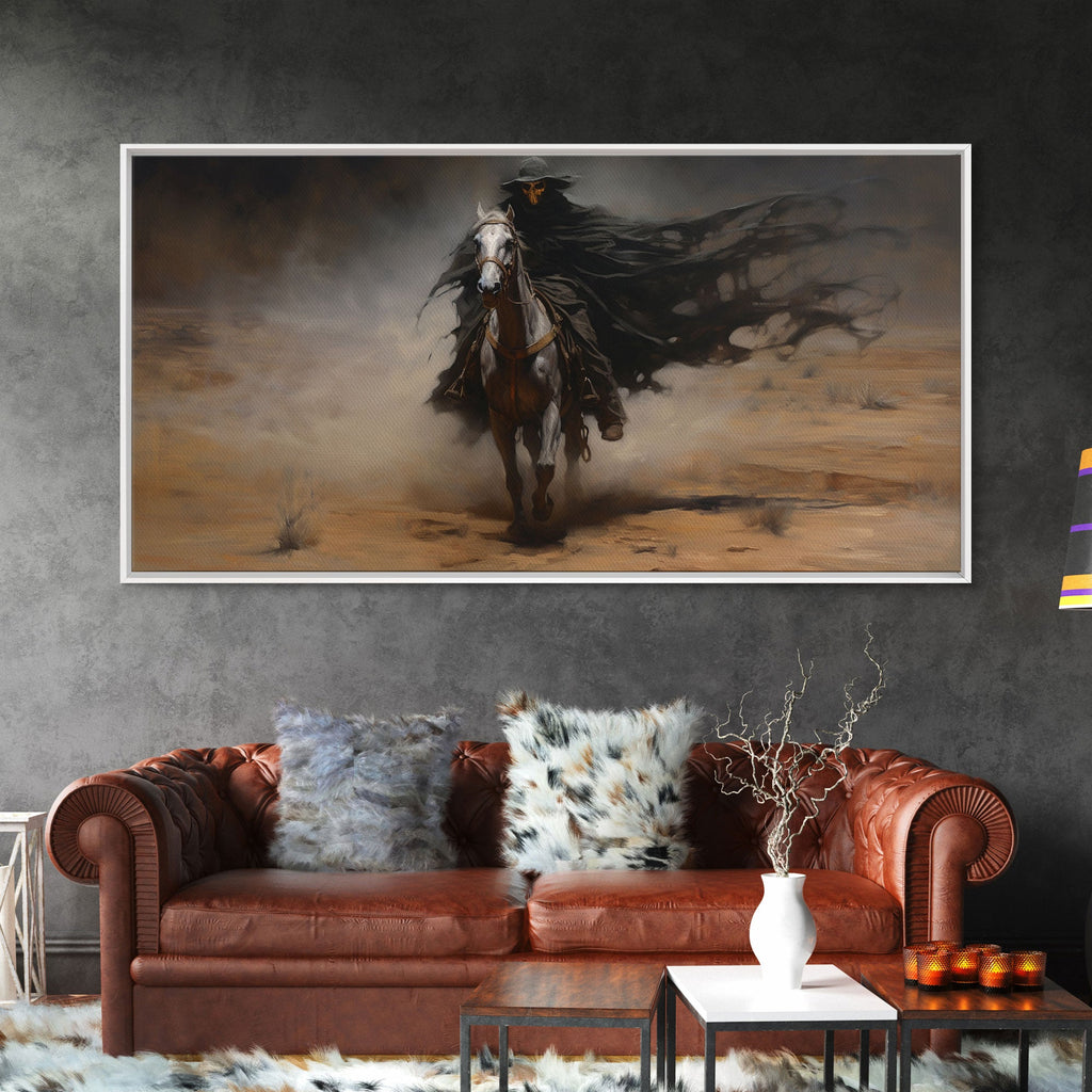 Death Rides A Pale Horse, Framed Canvas Print, Cowboy Grim Reaper, Spooky Halloween Art Print